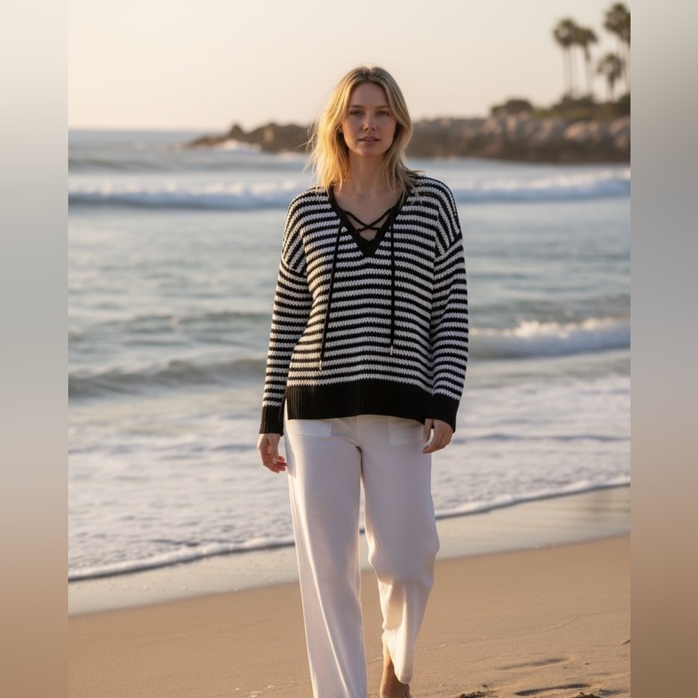 White House Black Market V Neck Sweater Black and White Stripes